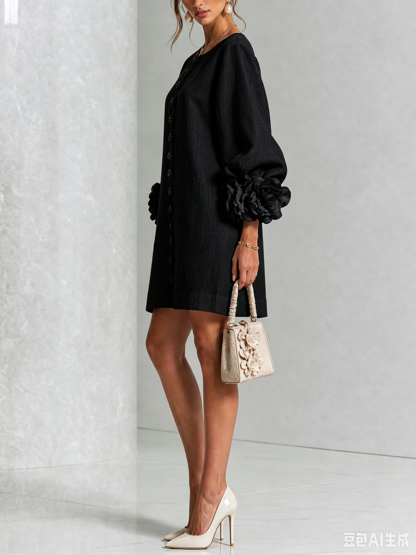 Minivestido negro con botones decorativos, mangas florales y puños abullonados.