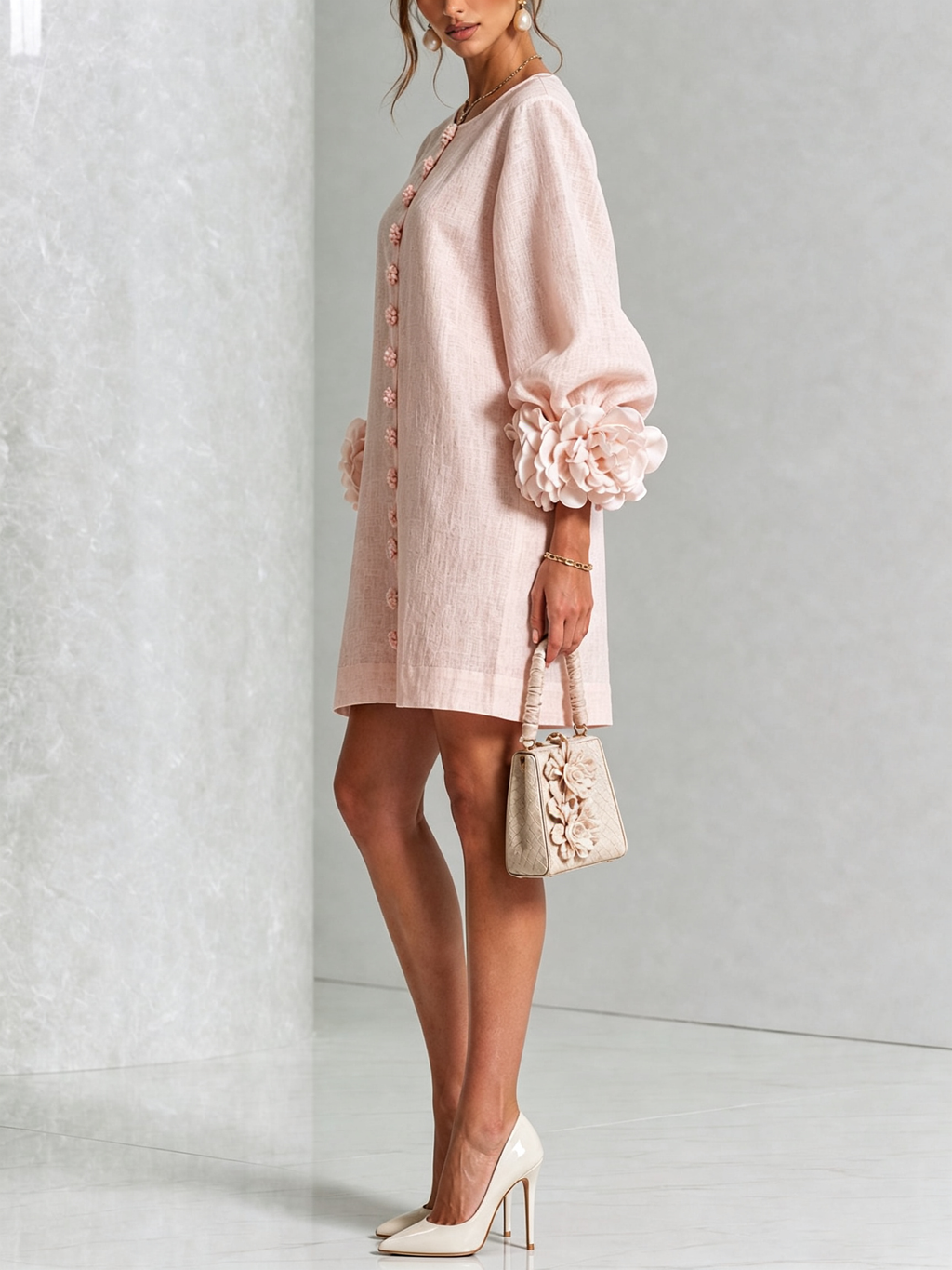 Minivestido rosa con botones delanteros y manga floral abullonada con pétalos.