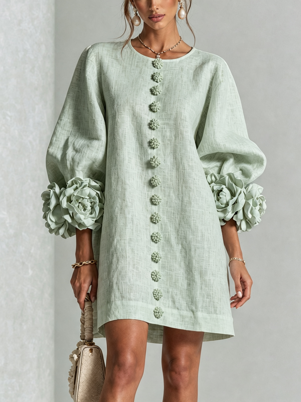 Minivestido menta de lino con botones florales y mangas con apliques de flores