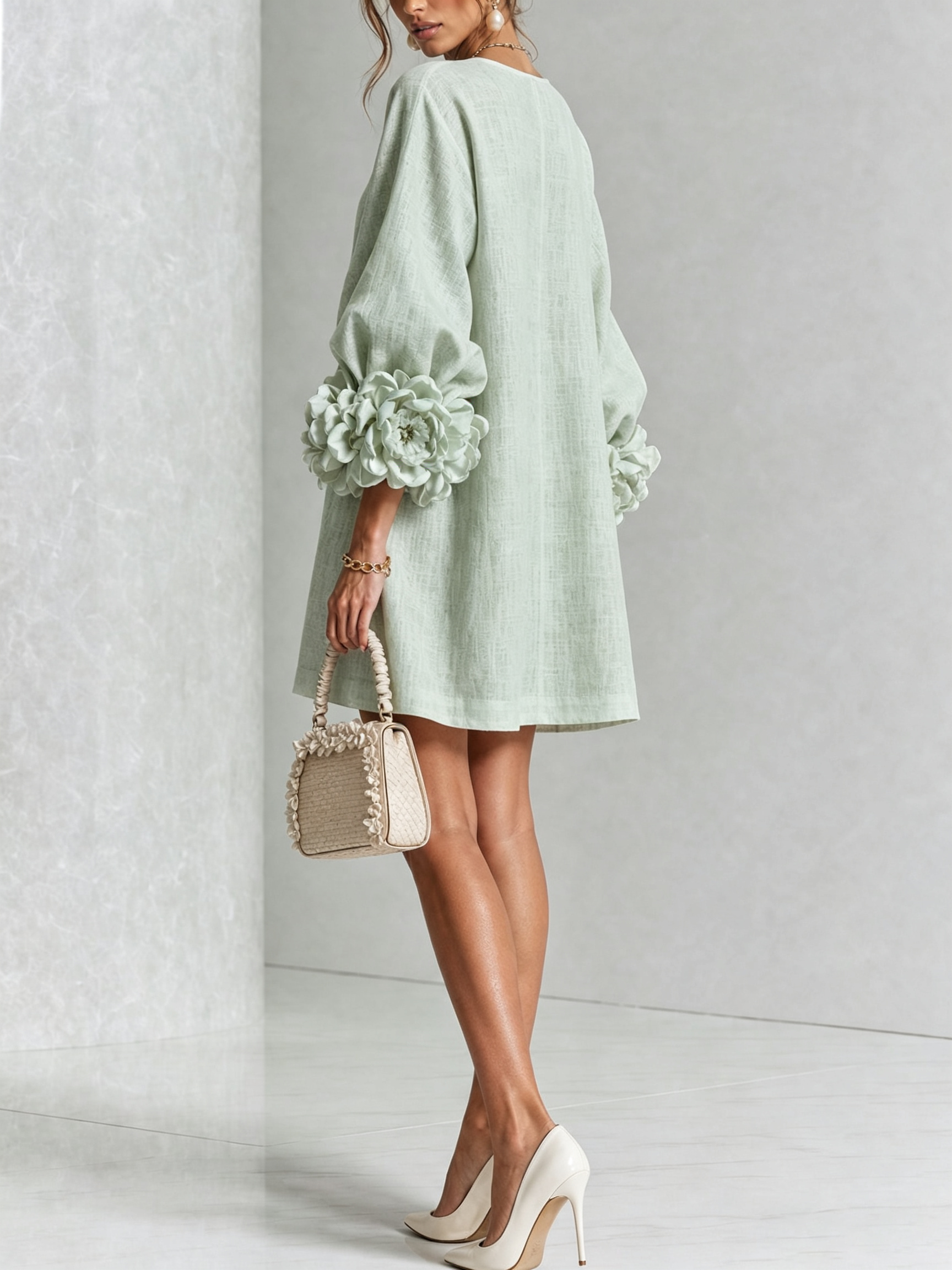 Minivestido menta con botones decorativos en fila y mangas con flores tipo apliques
