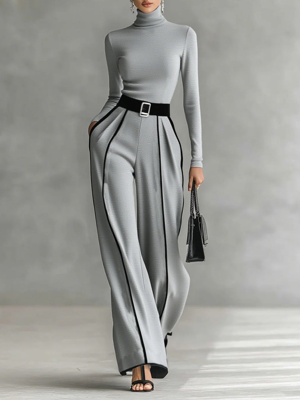 Conjunto gris con cuello alto, cinturón y pantalón de pierna ancha con franja blanca
