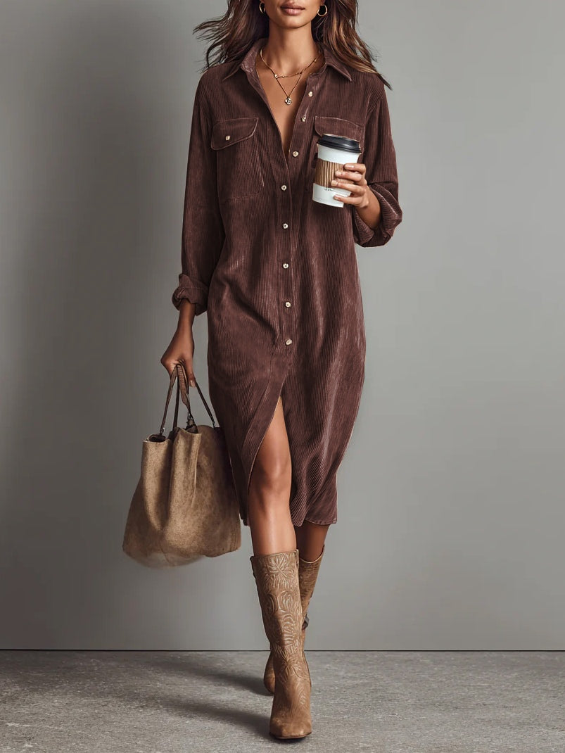 Vestido camisero midi marrón, corte amplio con abertura frontal y bolsillos en el pecho.
