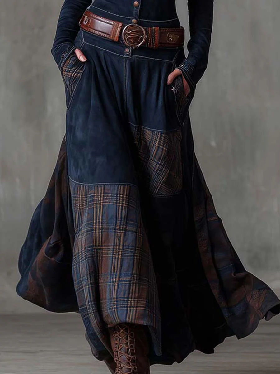 Vestido maxi azul oscuro con falda maxi, bolsillos y panel de cuadros en el bajo