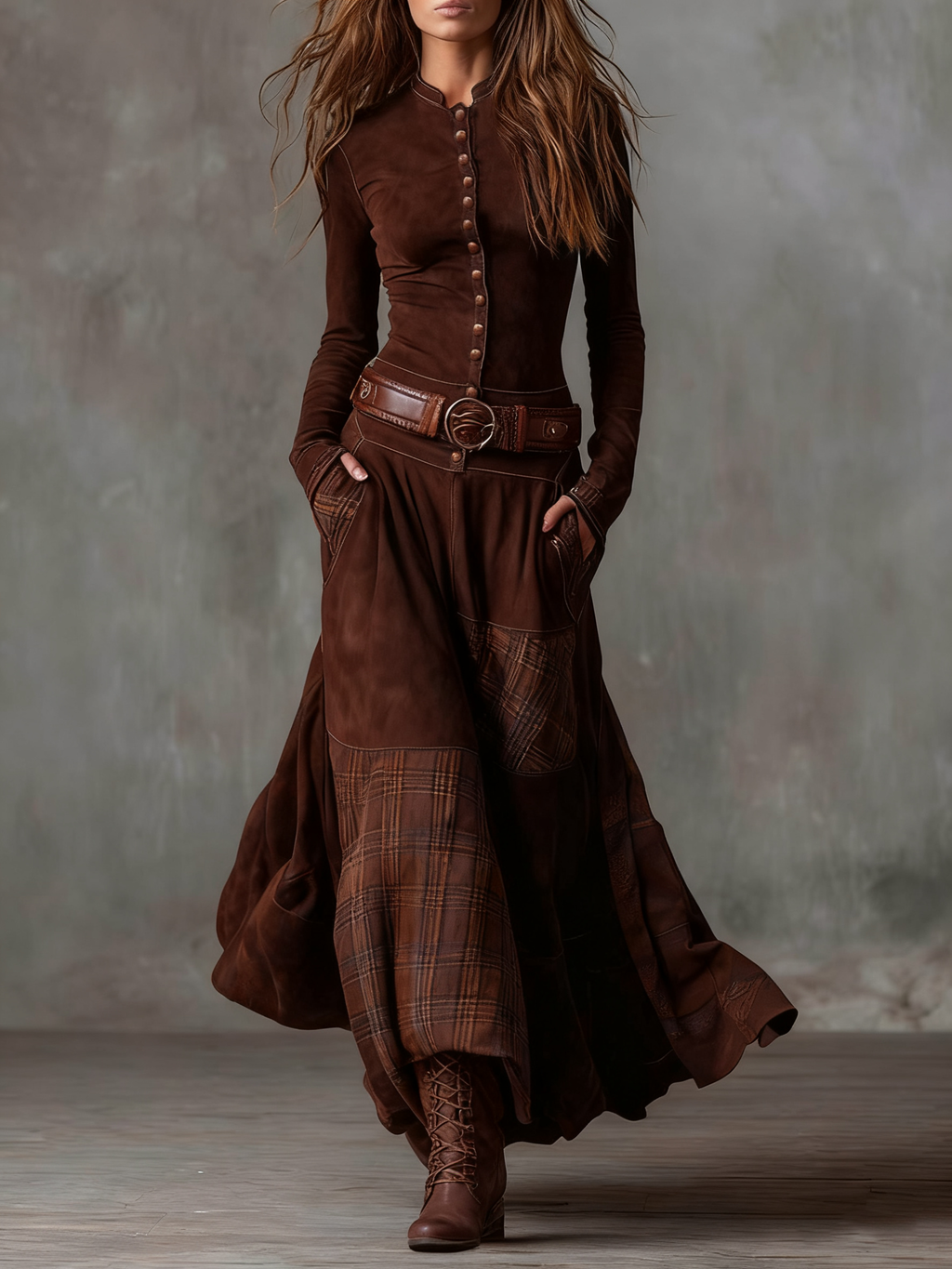 Vestido maxi marrón con botonadura frontal, cinturón ajustable y parches de cuadros