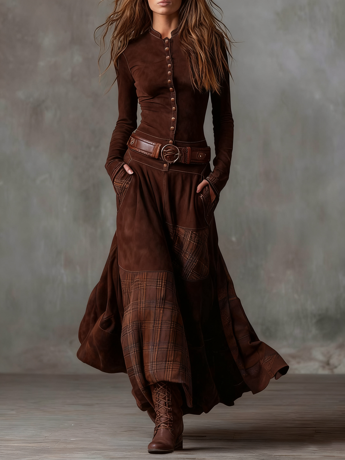 Vestido maxi marrón con botonadura frontal, cinturón ajustable y parches de cuadros