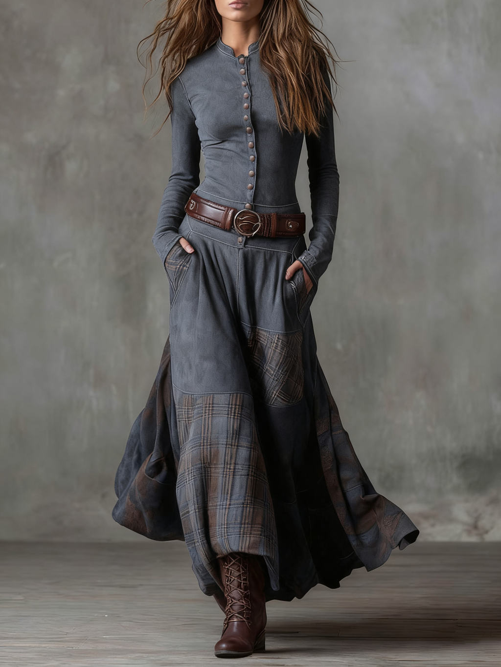 Vestido maxi gris con botonadura frontal, cinturón ajustable y paneles de cuadros