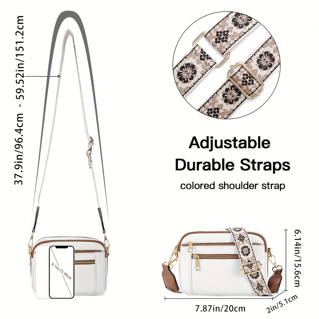 Bolso bandolera retro blanco con correa ajustable y doble compartimento con cremalleras