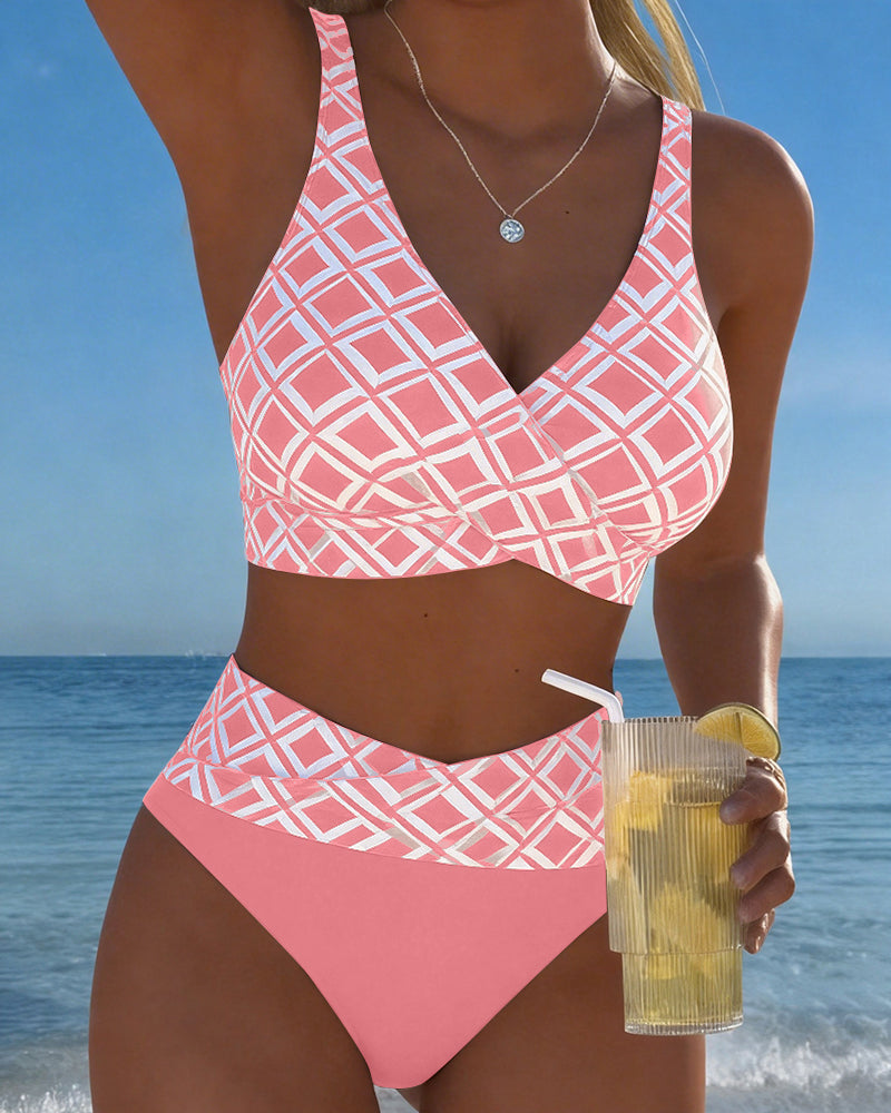 Bikini con top triangular y braguita de cintura media, estampado geométrico rosa y rosa liso