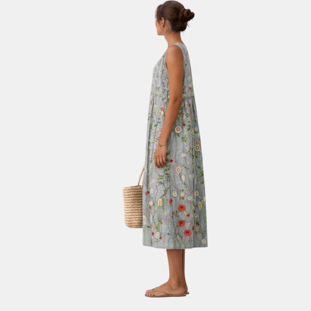 Vestido midi gris con estampado floral sin mangas; vista lateral trasera