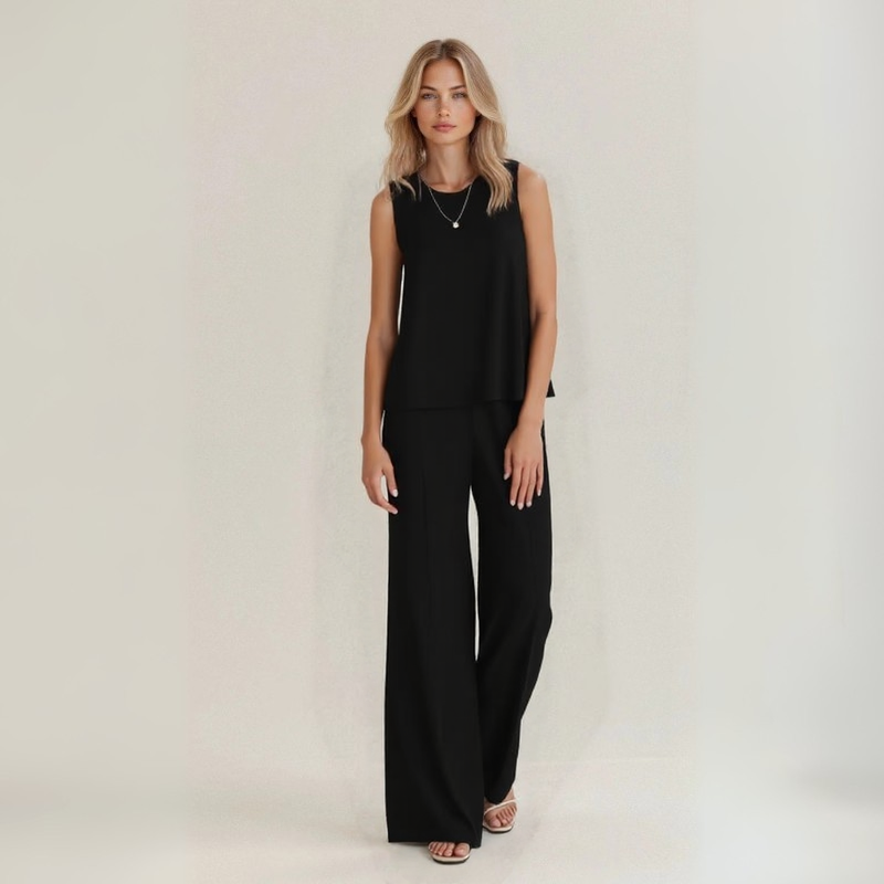 Conjunto de lino negro: top sin mangas con cuello redondo y pantalón de pierna ancha