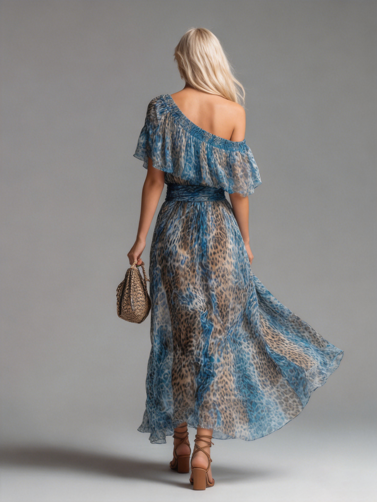 Vestido largo azul con estampado leopardo, espalda descubierta y falda amplia