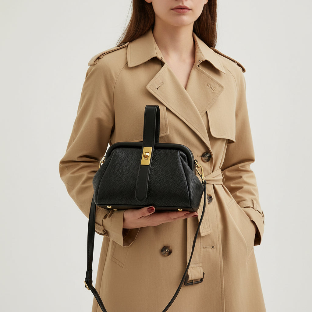 Bolso de cuero negro con placa dorada central y bandolera ajustable