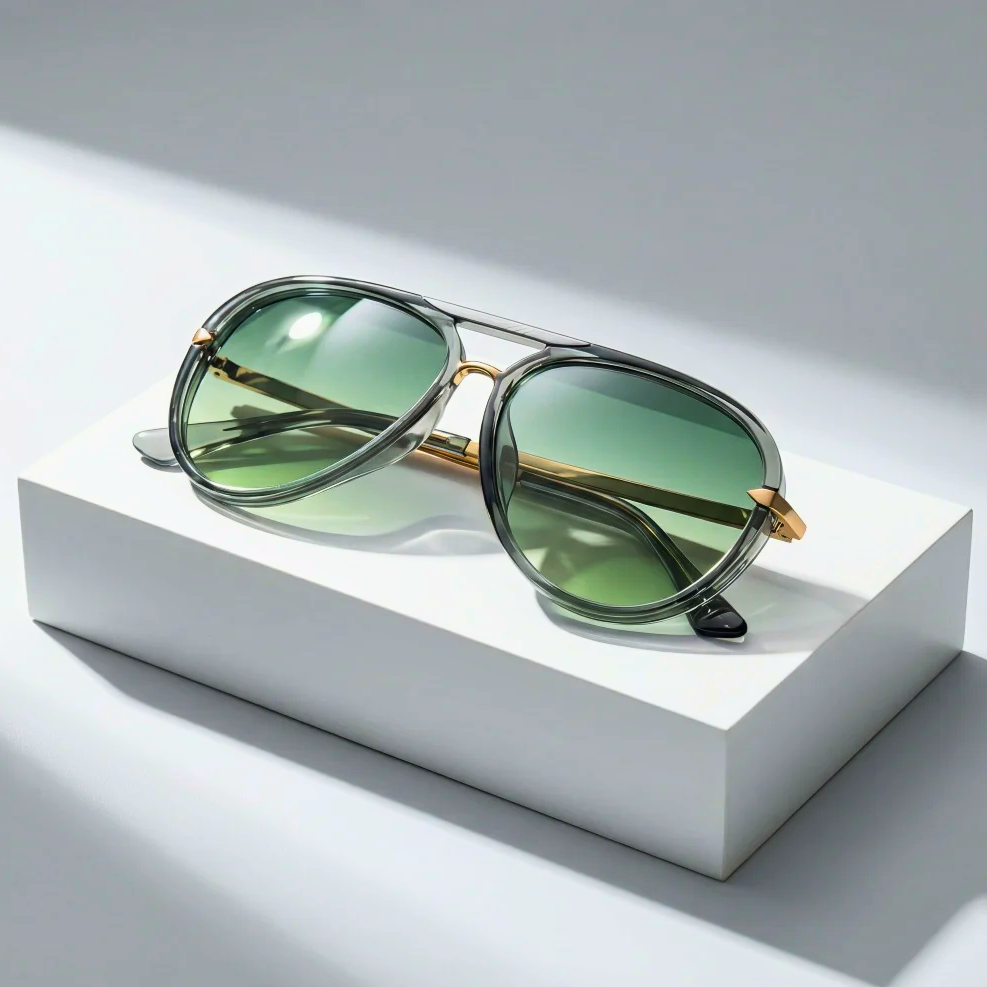Gafas de sol ovaladas verdes con montura transparente y patillas doradas