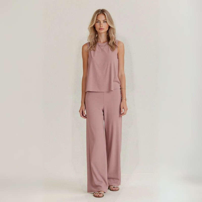 Conjunto de lino rosa: blusa sin mangas y pantalón de pierna ancha con tiro alto