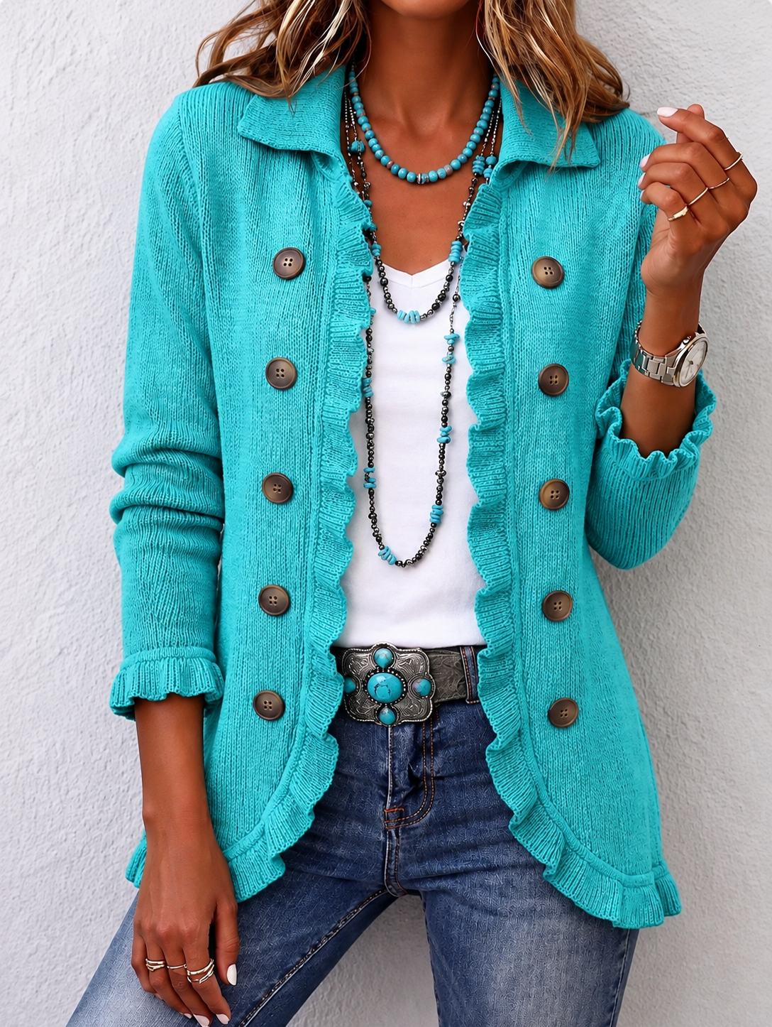 Silvana | Chaqueta de Punto Canalé Turquesa con Volantes
