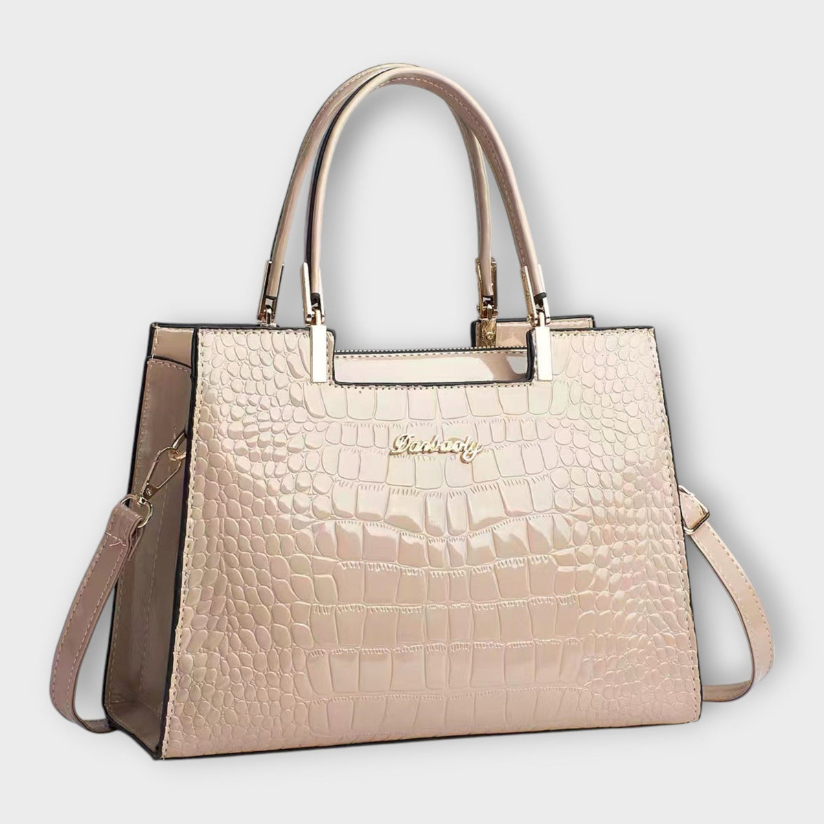 Bolso de piel efecto cocodrilo beige con asas superiores y bandolera