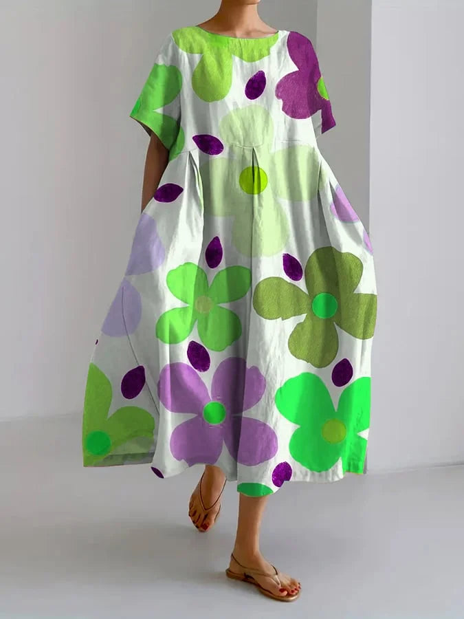 Vestido fluido Eli midi estampado floral multicolor, tonos verdes y morados, mangas cortas