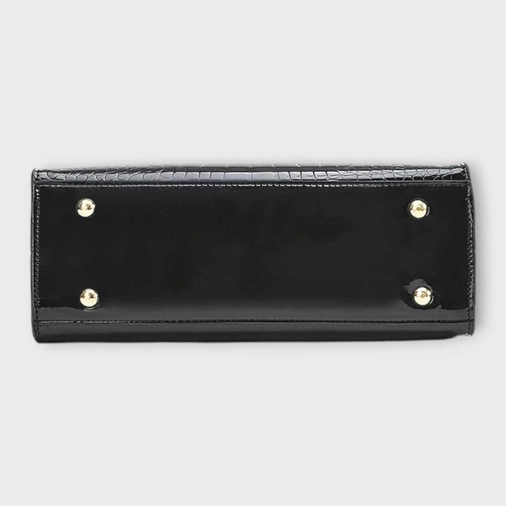 Bolso de piel efecto cocodrilo negro con base rígida y broches metálicos
