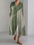 Vestido fluido de lino Lara verde y gris, escote en V, mangas tres cuartos, midi