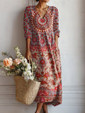 Vestido largo bohemio multicolor, escote en V y mangas 3/4, estampado paisley y falda suelta