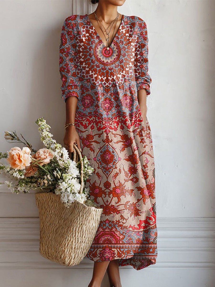 Vestido largo bohemio multicolor, escote en V y mangas 3/4, estampado paisley y falda suelta