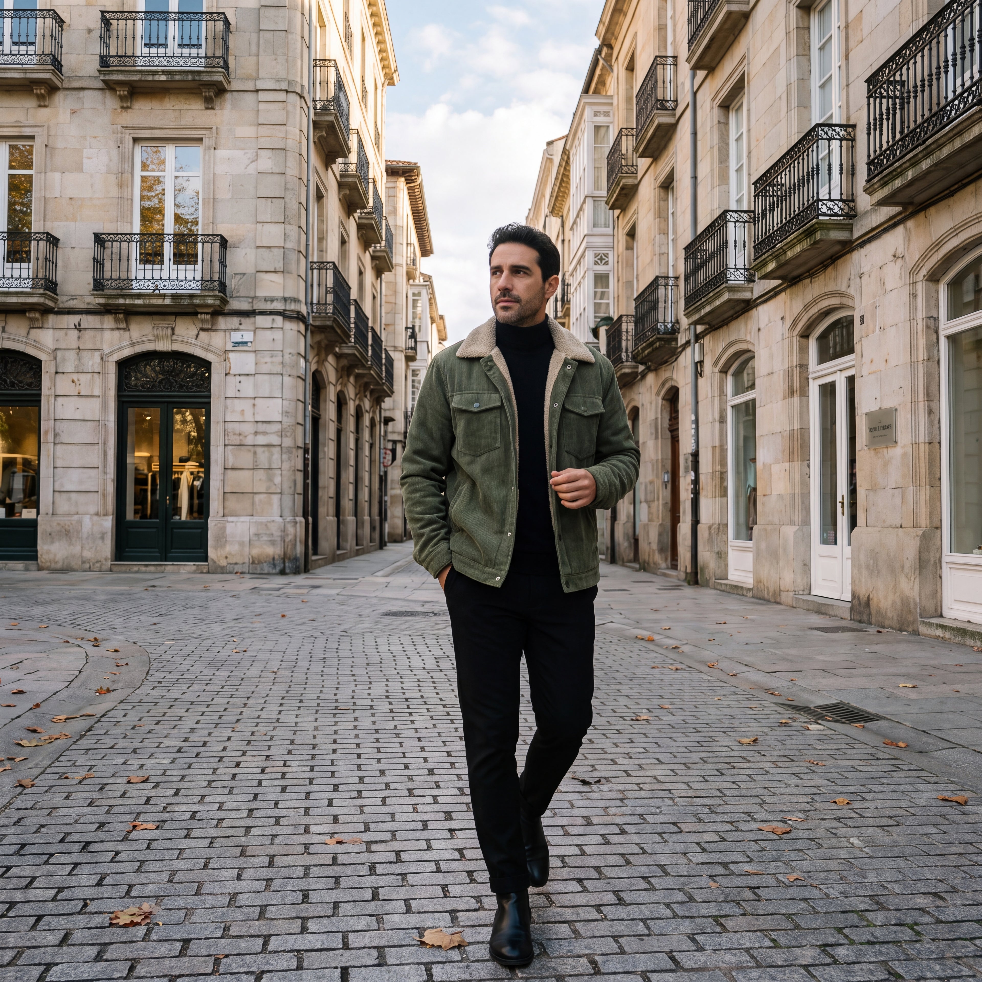 Chaqueta pana Teddy verde oscuro con forro sherpa claro y botones a presión