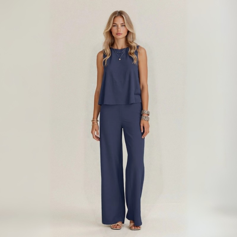 Conjunto de lino azul marino: blusa sin mangas con cuello redondo y pantalón de pierna ancha