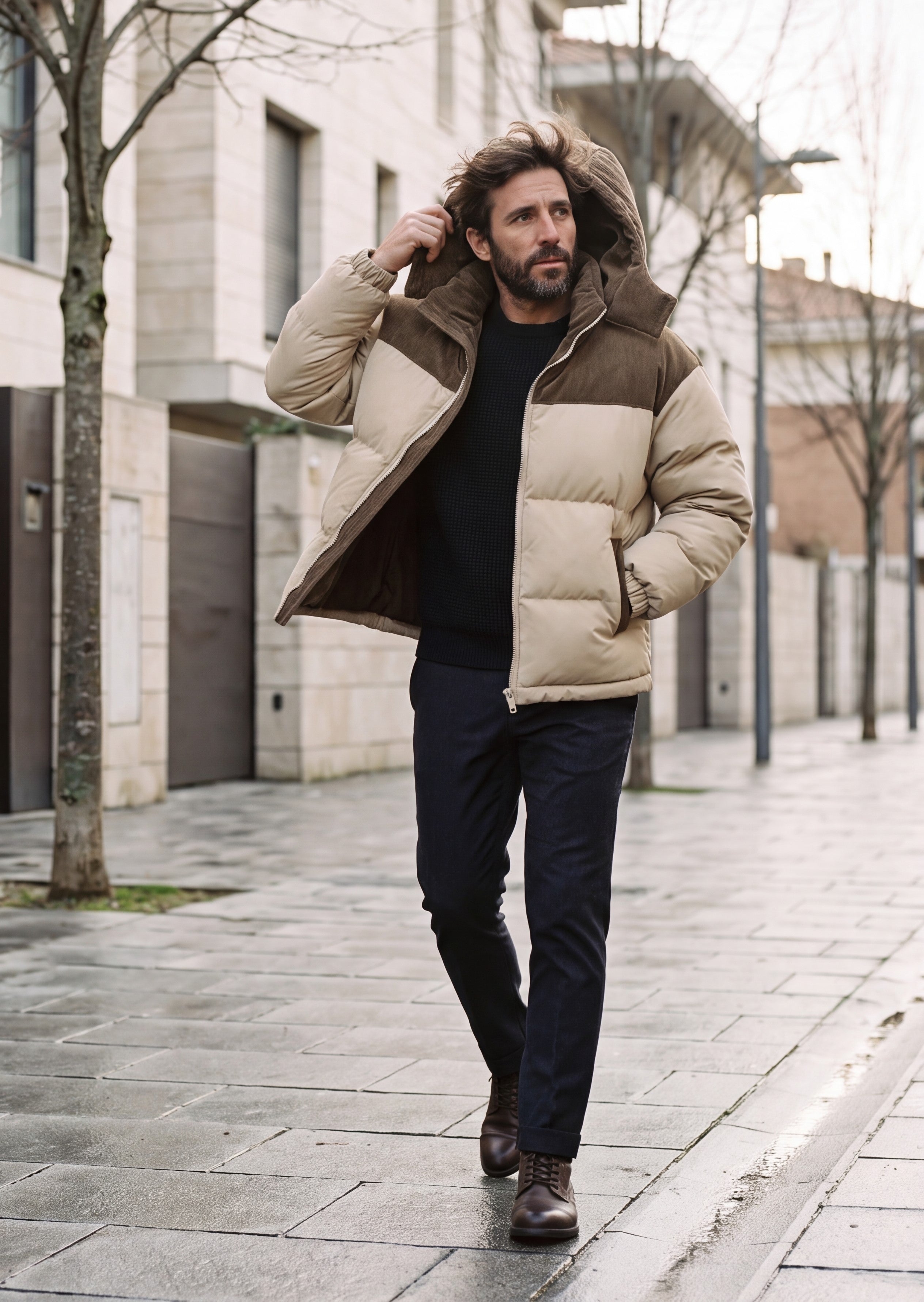 Chaqueta acolchada beige con capucha y cierre frontal