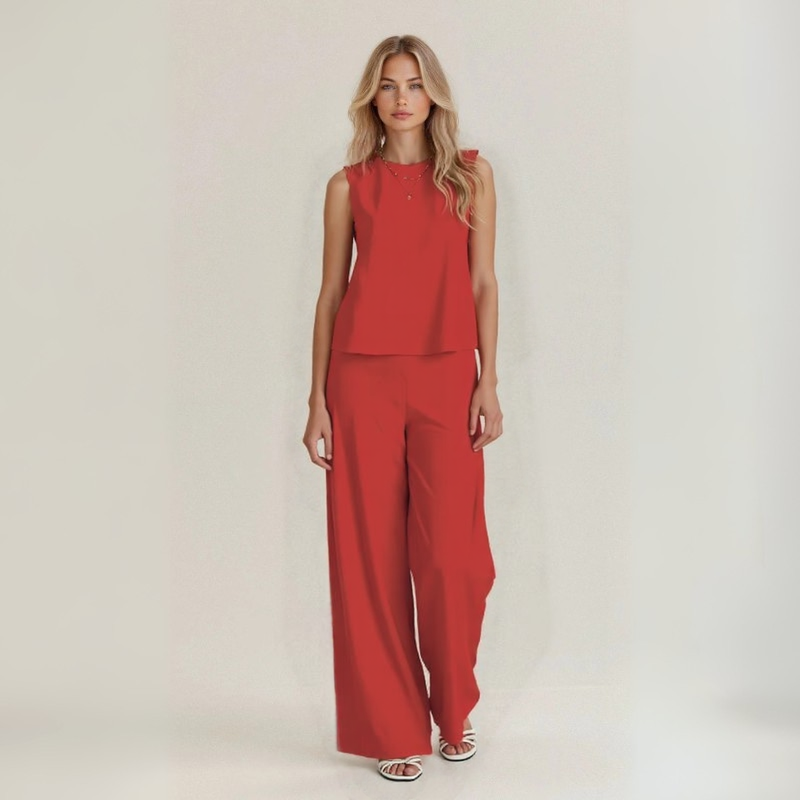 Conjunto de lino rojo: top sin mangas y pantalón de pierna ancha con cintura alta