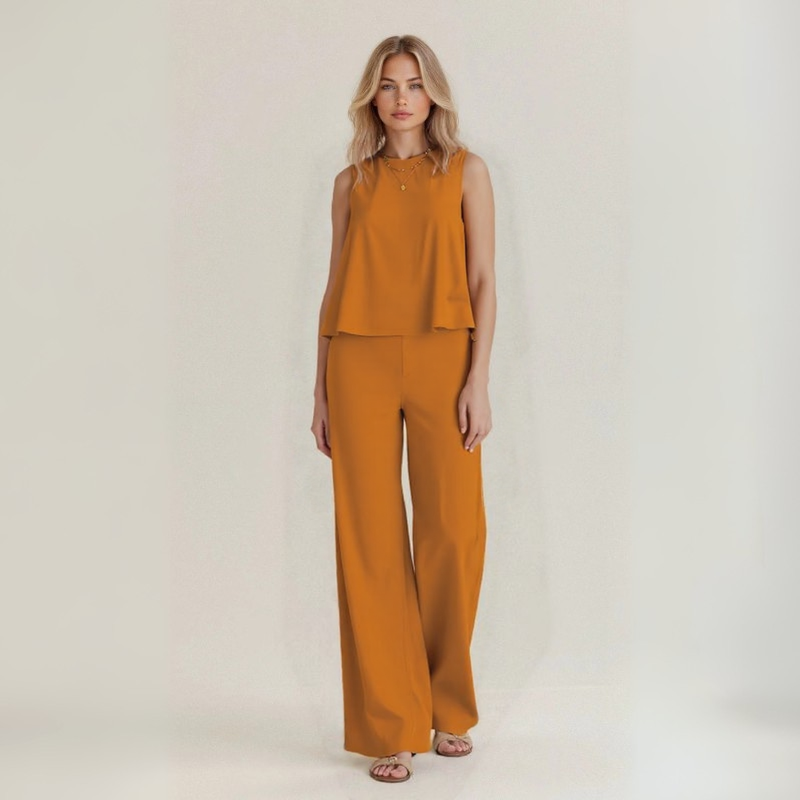 Conjunto de lino naranja: blusa sin mangas y pantalón de pierna ancha de tiro alto