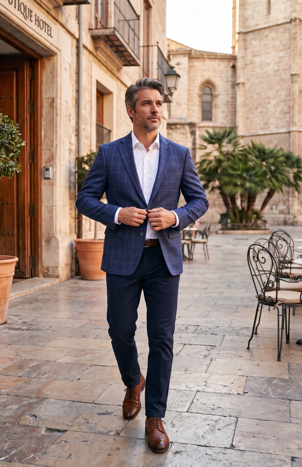 Blazer azul marino de cuadros en hombre, con camisa blanca y pantalón oscuro