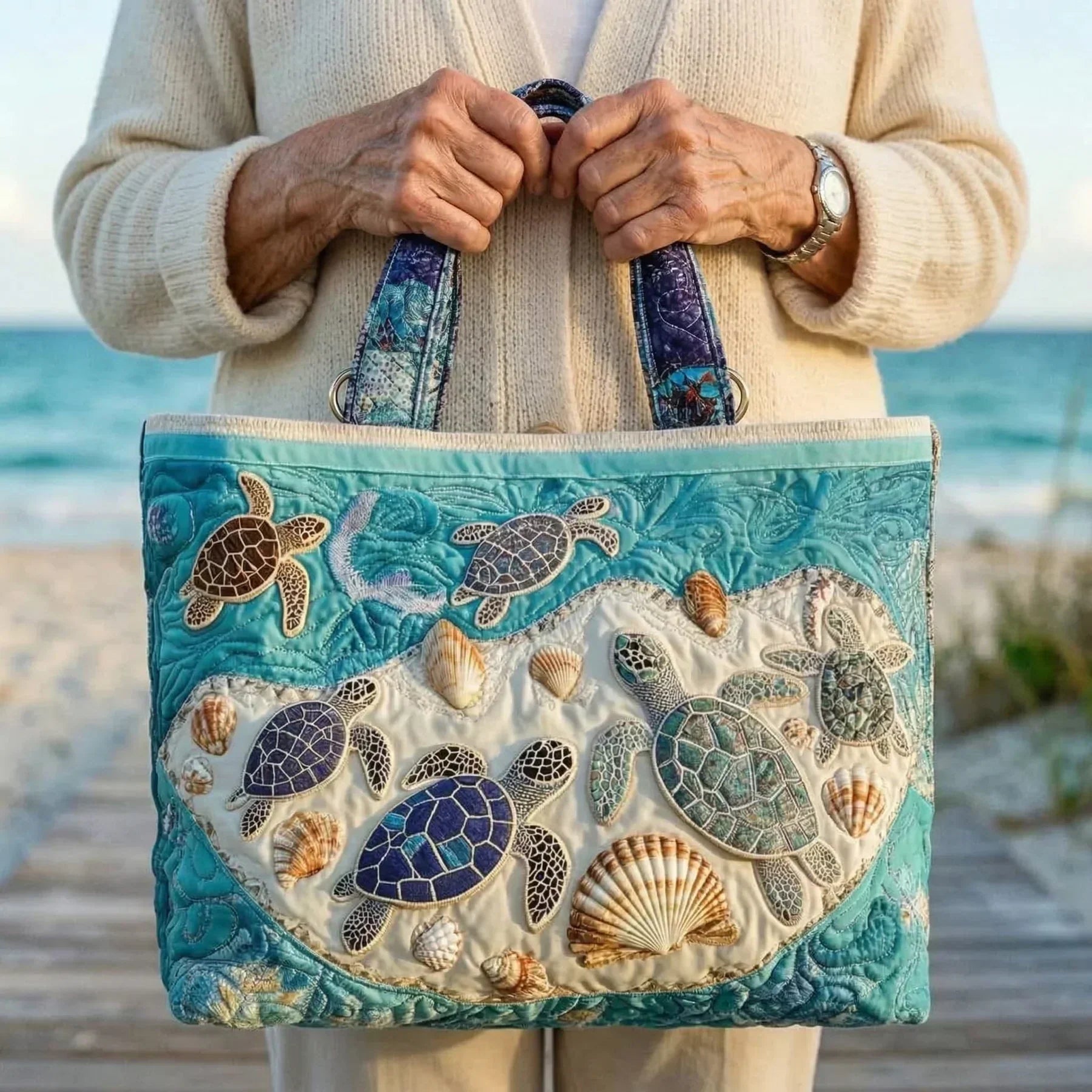 Bolso Kate turquesa con estampado de tortugas marinas; asas para llevar al hombro