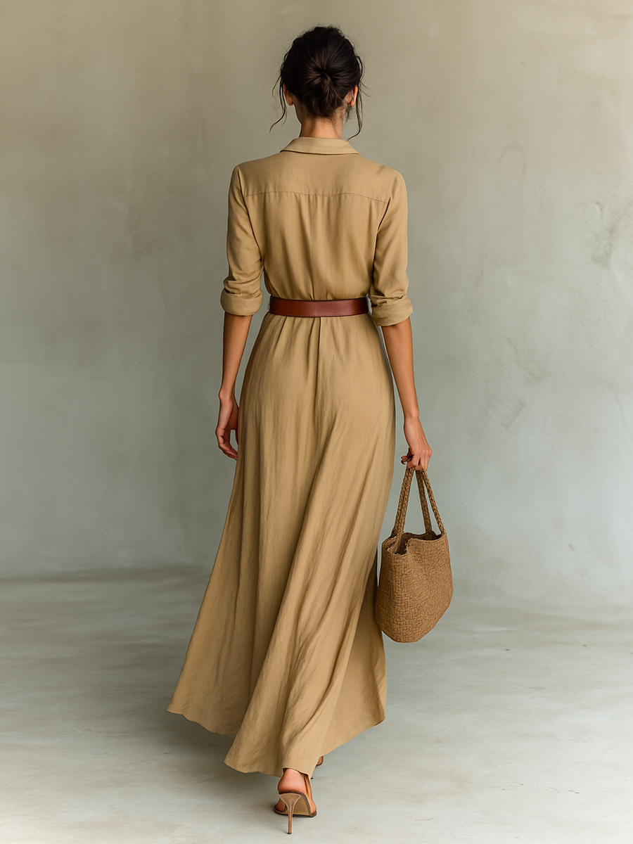 Vestido largo caqui con cinturón marrón y vista trasera; mangas abullonadas