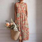 Vestido midi sin mangas estampado floral coral y verde, dobladillo con vuelo