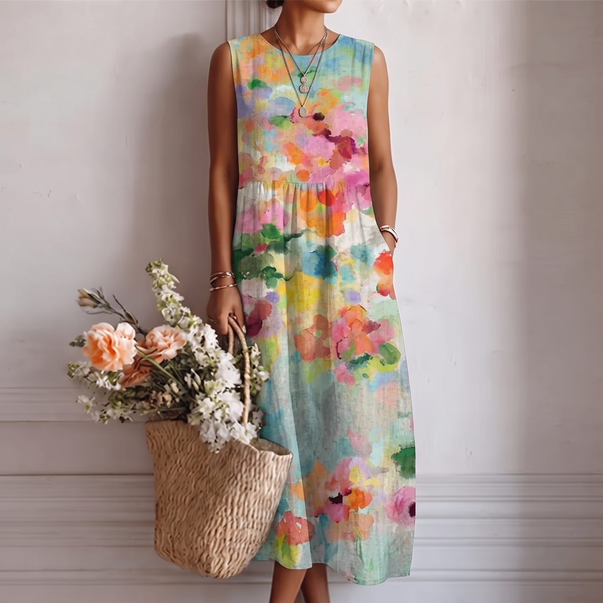 Vestido midi sin mangas multicolor con cuello redondo y falda con frunces
