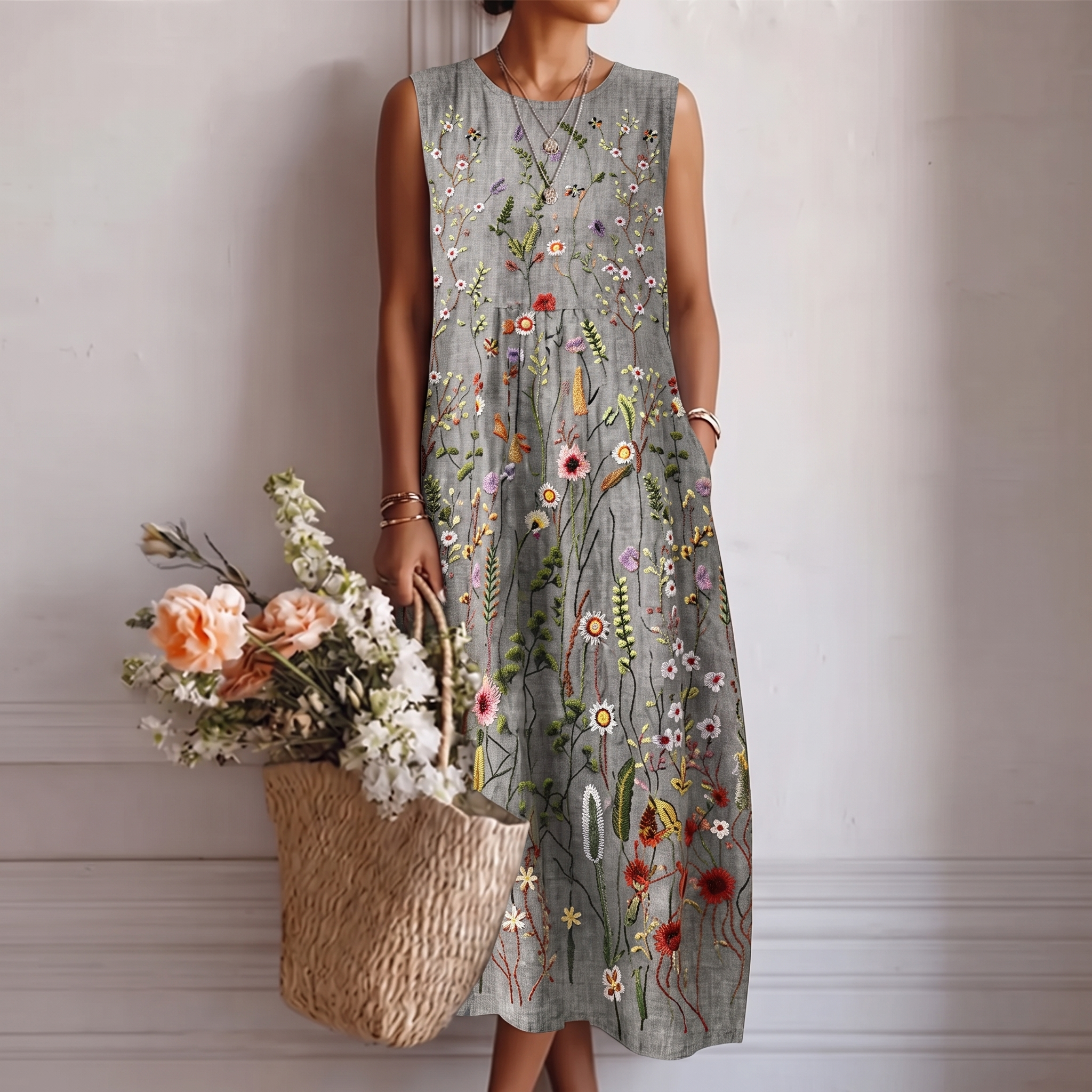 Vestido midi sin mangas gris con estampado floral y cuello redondo