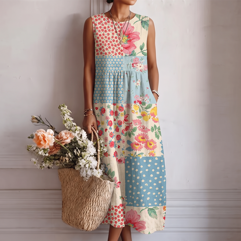 Vestido midi sin mangas patchwork de flores y lunares, falda recta