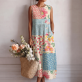 Vestido midi sin mangas patchwork de flores y lunares, falda recta