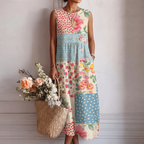 Vestido midi sin mangas patchwork de flores y lunares, falda recta