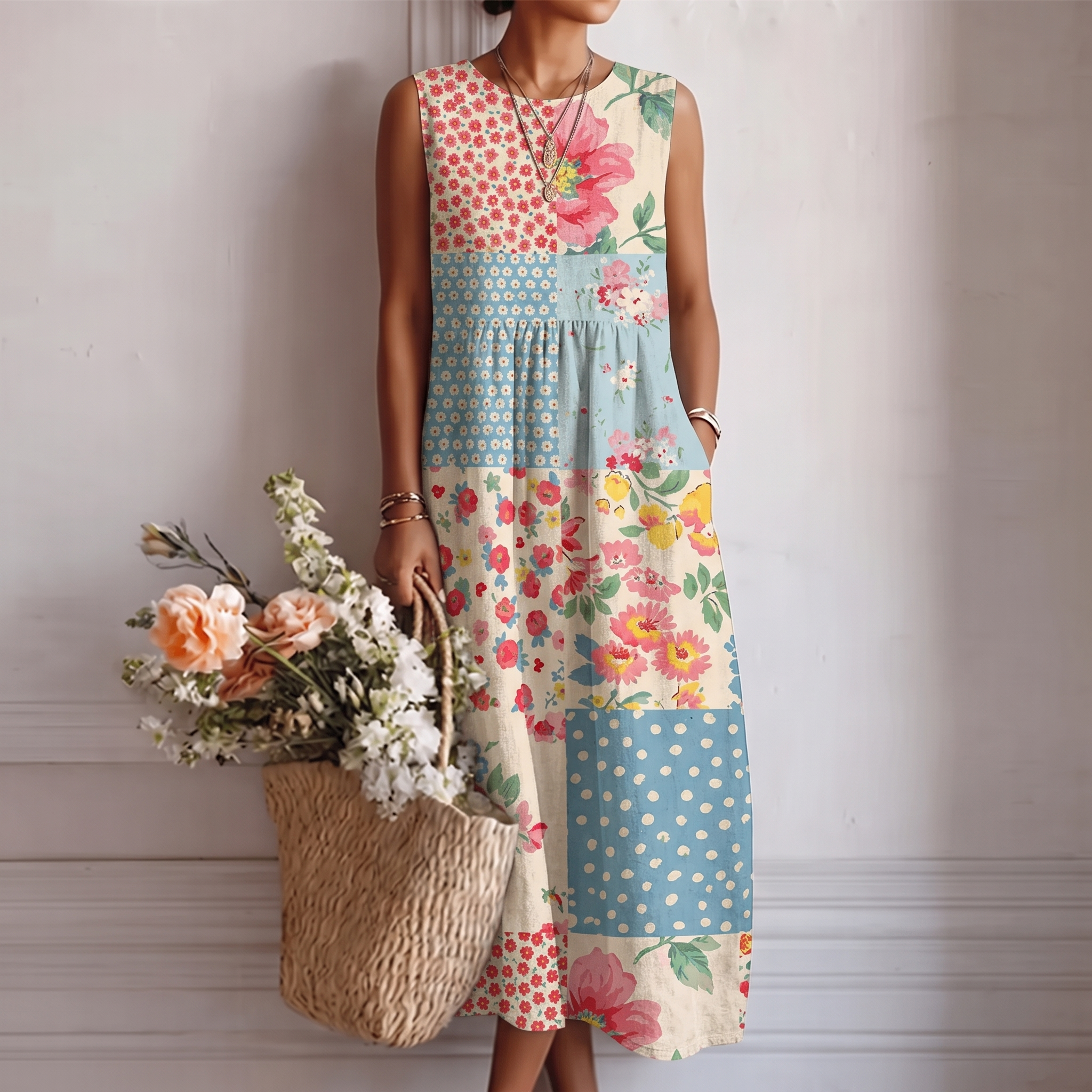 Vestido midi sin mangas patchwork de flores y lunares, falda recta