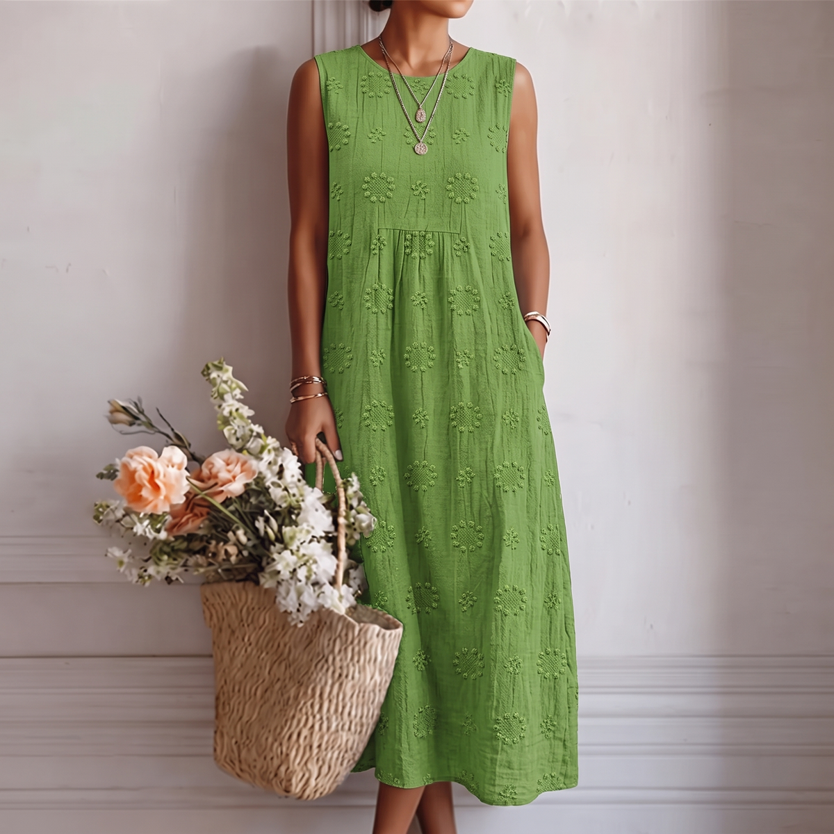 Vestido midi verde sin mangas con estampado floral y botones decorativos frontales