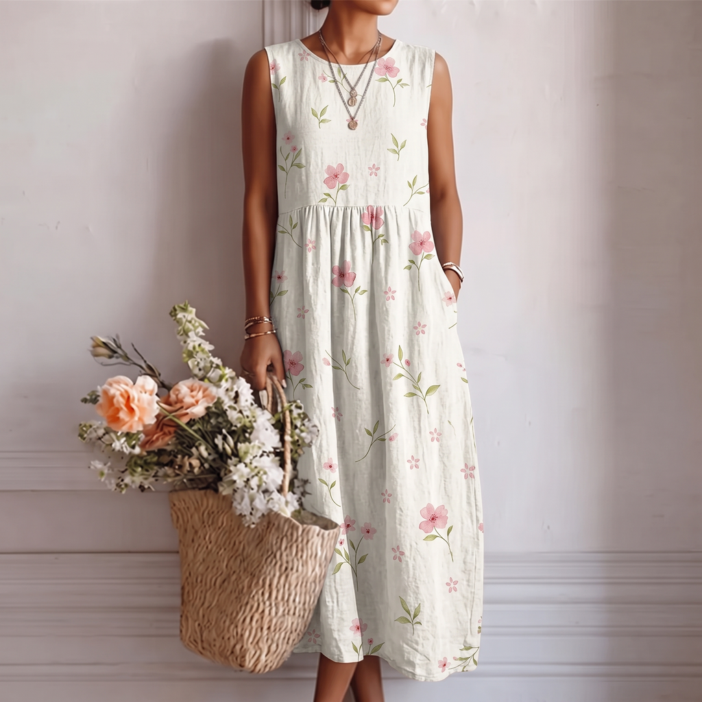 Vestido midi sin mangas de algodón con estampado floral rosa y verde, fruncido en cintura