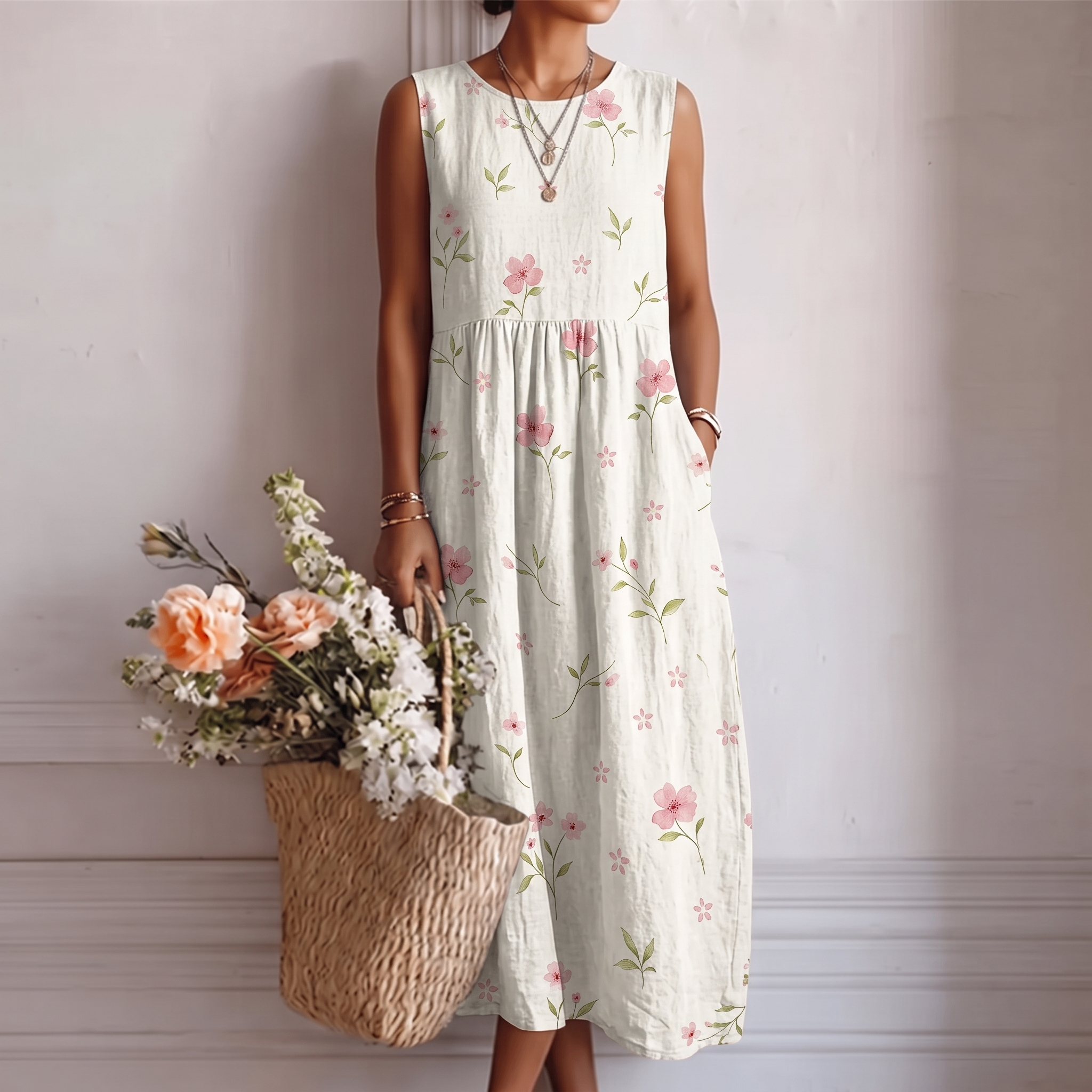 Vestido midi sin mangas de algodón con estampado floral rosa y verde, fruncido en cintura