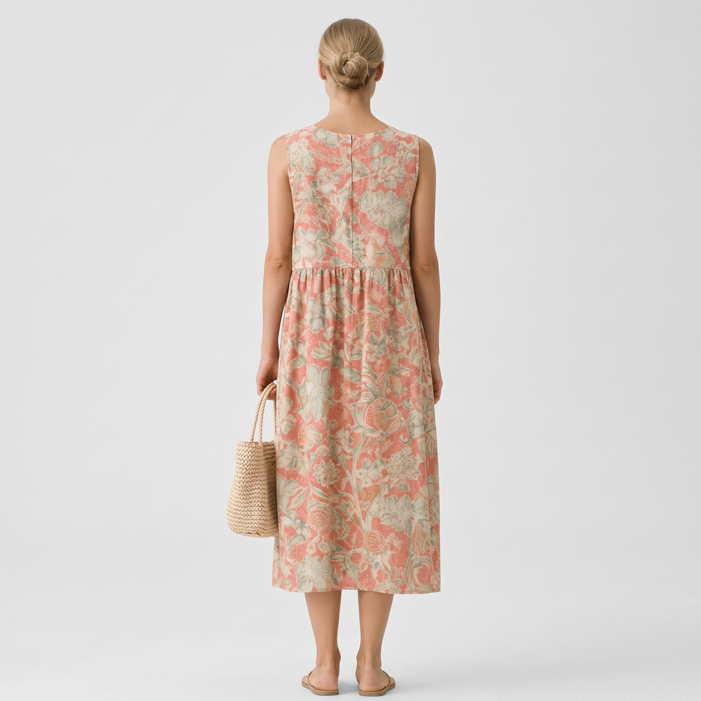 Vestido midi sin mangas estampado floral con espalda descubierta y frunces a la cintura