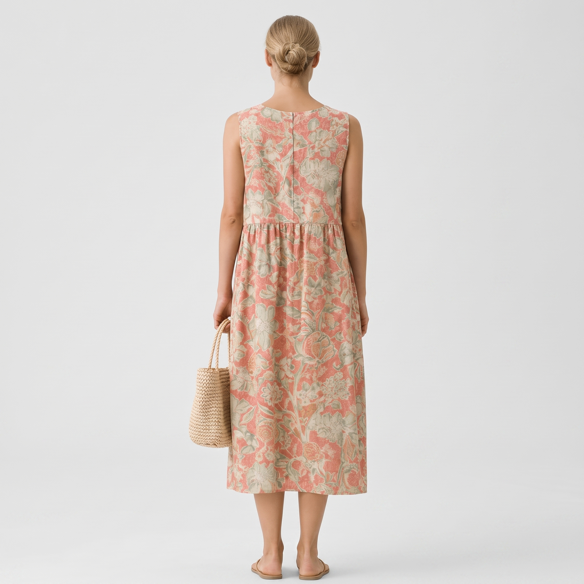 Vestido midi sin mangas estampado floral con espalda descubierta y frunces a la cintura
