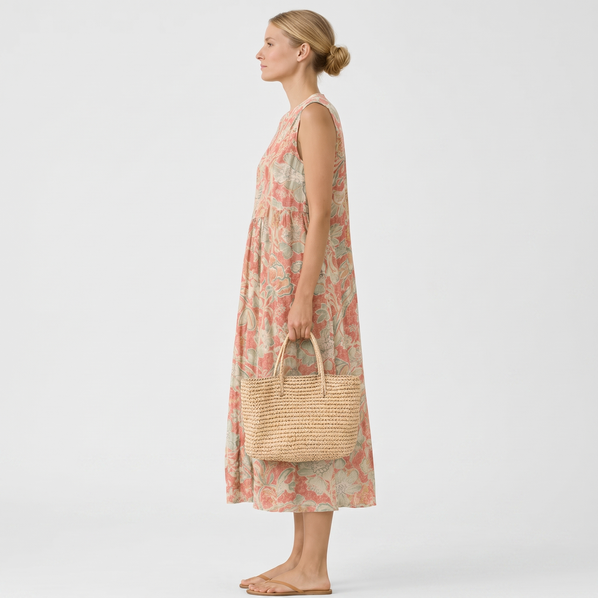 Vestido midi sin mangas estampado floral, espalda con abertura y falda vaporosa