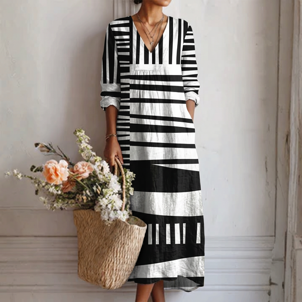 Vestido midi estampado gráfico en blanco y negro, escote V y mangas 3/4