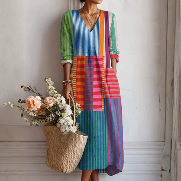 Vestido midi María™ con cuello V y mangas 3/4, parcheado a rayas multicolor