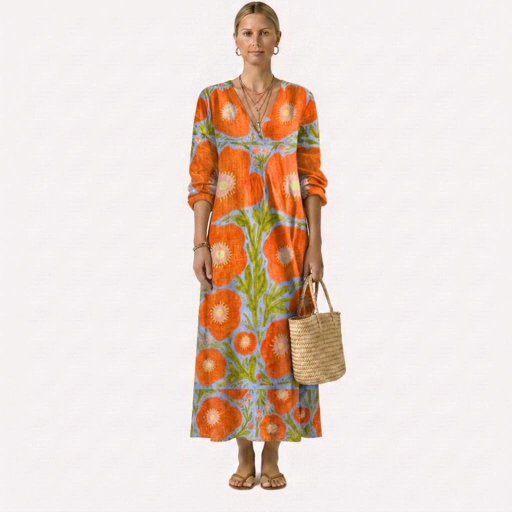 Vestido midi naranja con flores y hojas, cuello V, mangas 3/4 y dobladillo recto