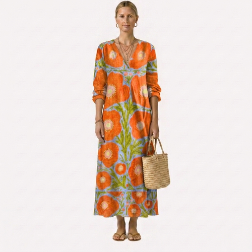 Vestido midi naranja con flores y hojas, cuello V, mangas 3/4 y dobladillo recto